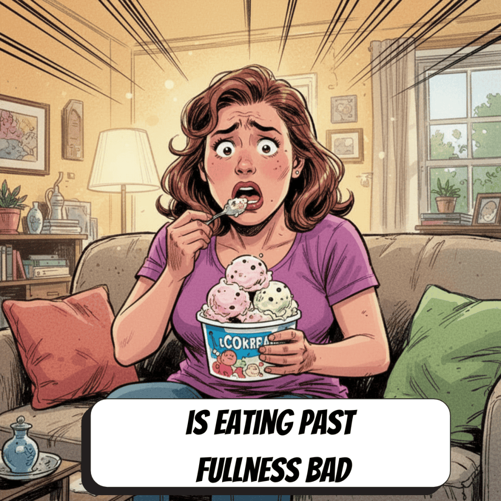 comic book woman sitting on the couch looking anxious eating ice cream