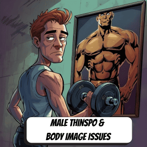 comic book image of a thin male lifting weights looking at a large body builder