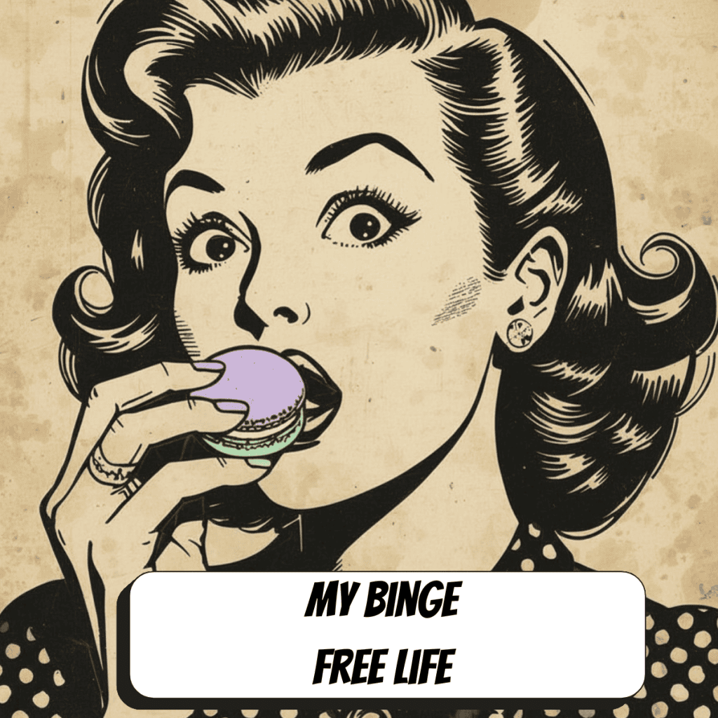 comic book woman in black and white eating a colored macaroon