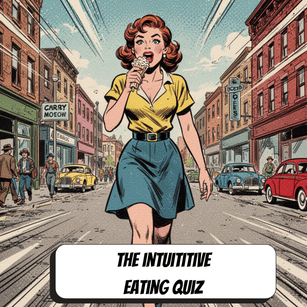 comic book woman walking down the street eating ice cream