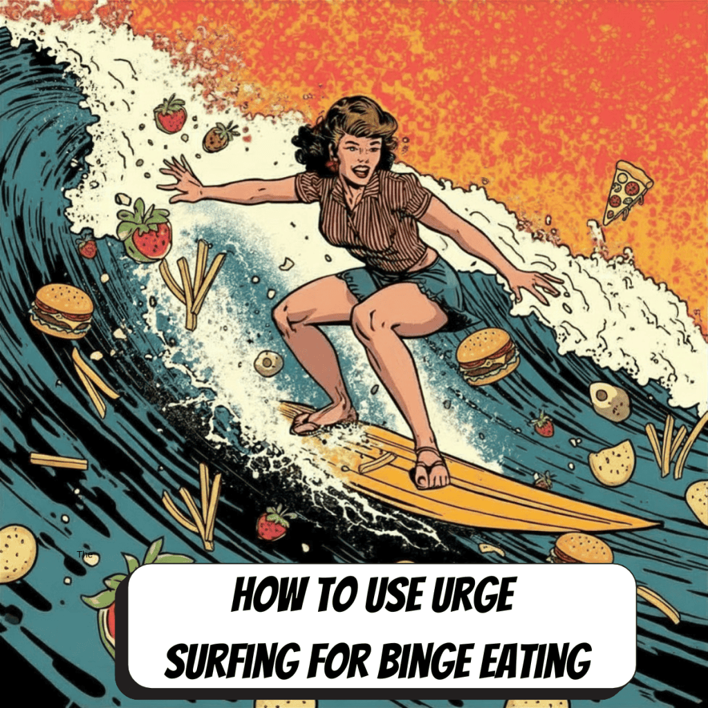 woman riding a wave on surf board with images of food in the wave