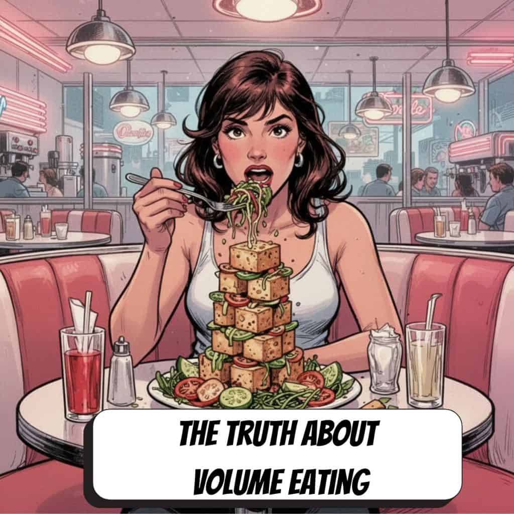 comic book image of woman in diner with volume foods tofu and veggies