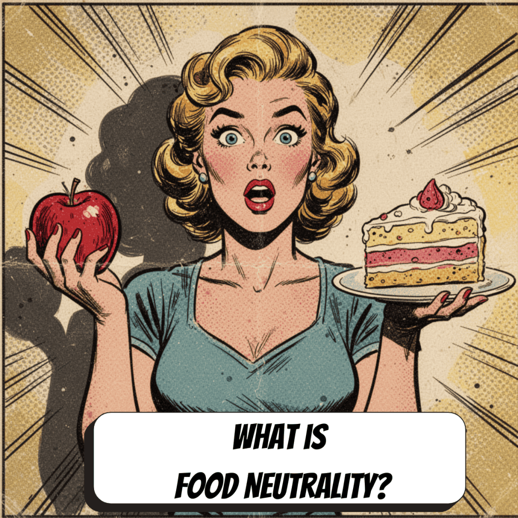 comic book woman with an apple in one hand and cake in the other looking surprised