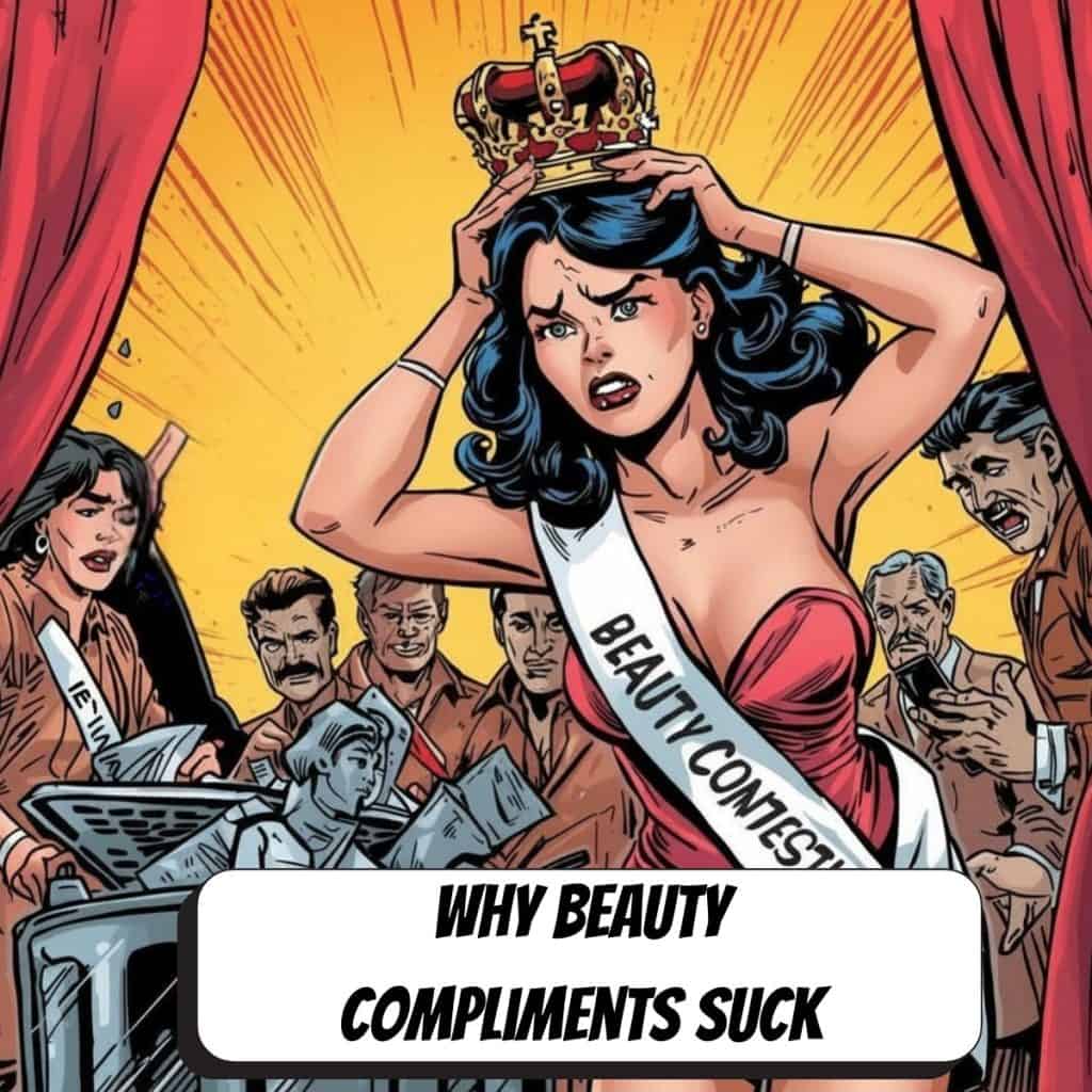 comic book image of a woman who won a beauty pageant throwing away crown