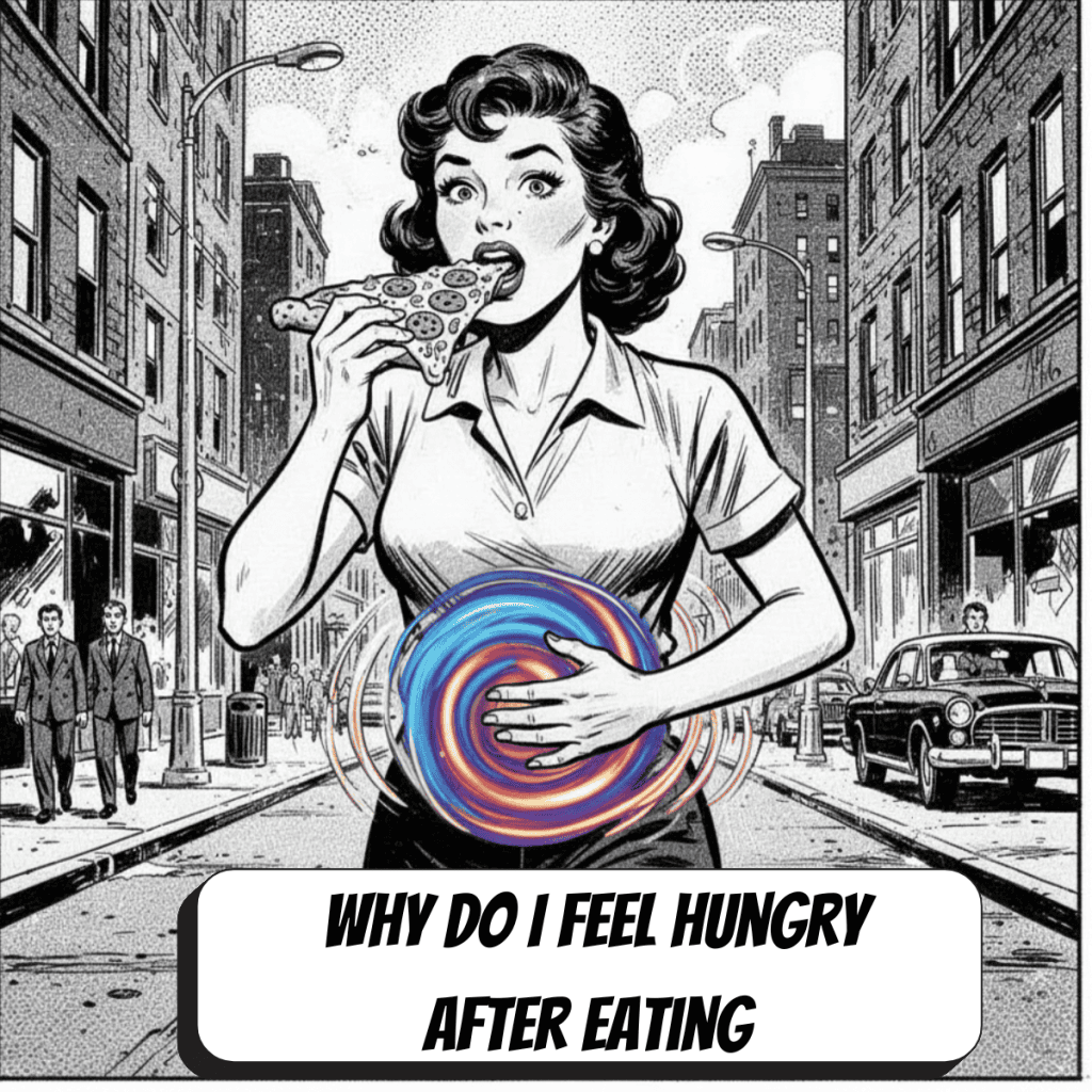 comic book image of a woman walking down the street eating pizza in black and white with a swirl of color on her belly because she is hungry