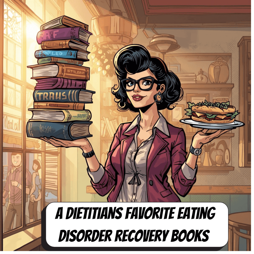 comic book woman with stack of books in one hand and sandwich in the other