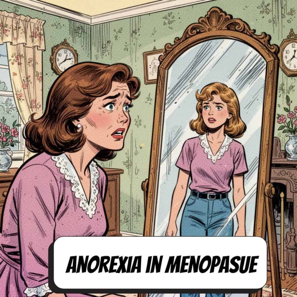 comic book woman looking at younger version of self in mirror