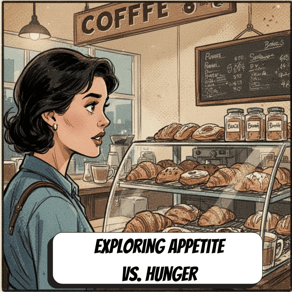 comic book image of a woman at a coffee shop looking at pastrys