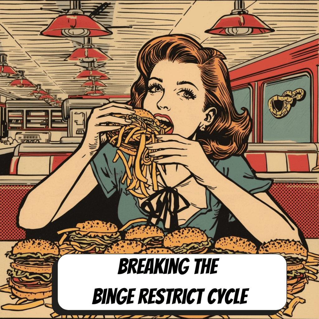 comic book woman eating hamburgers and fries quickly at diner