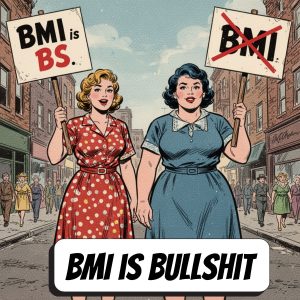 Two comic book women walking down the street holding signs that say BMI is BS