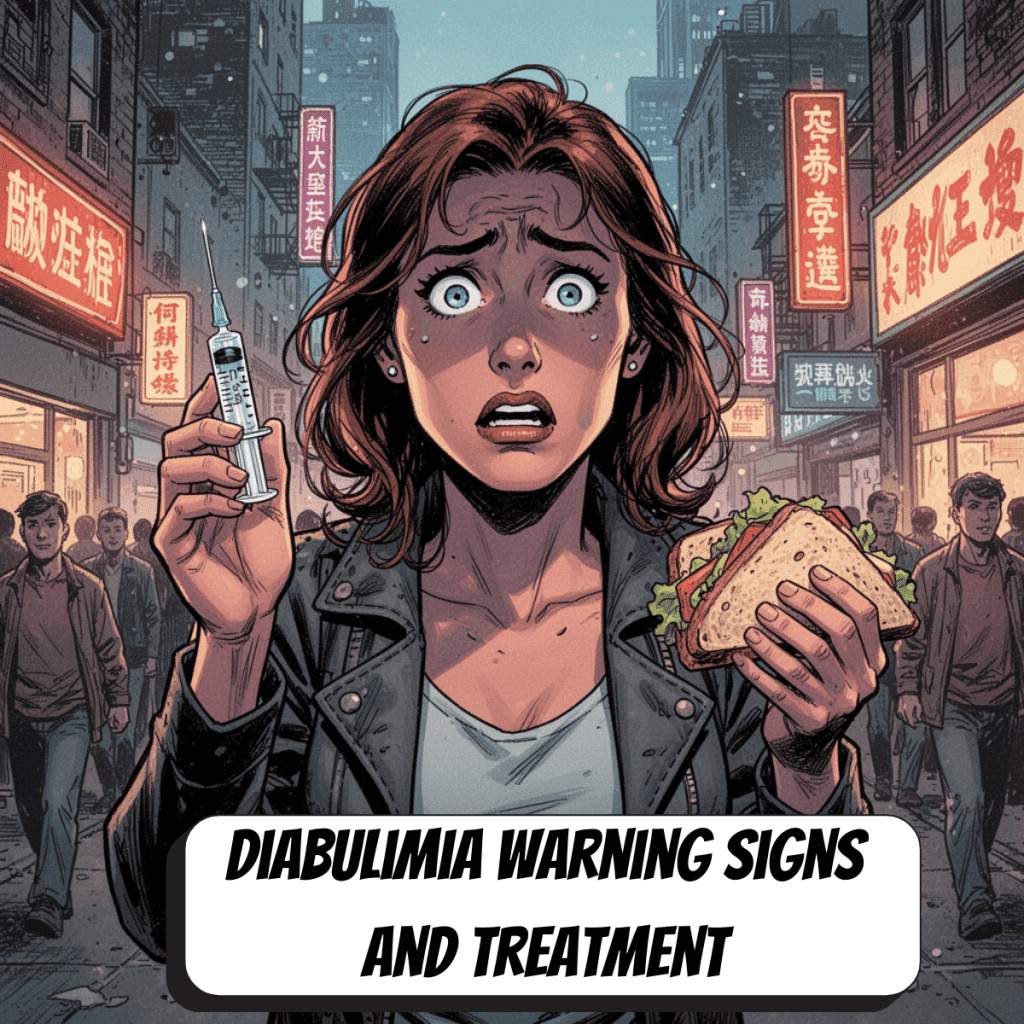 comic book woman holding insulin injection in one hand sandwich in another