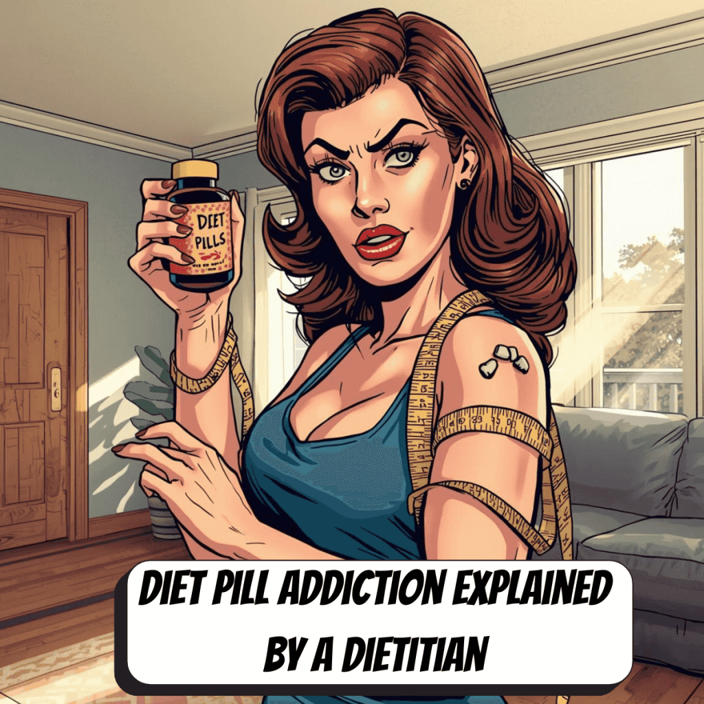 comic book woman holding a diet pill bottle with tape measure around her arm