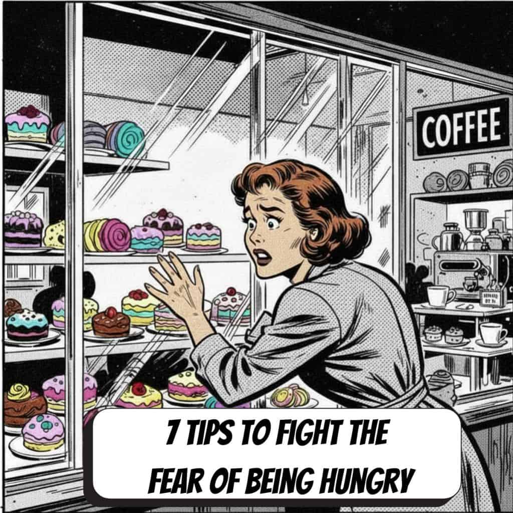 comic book image of a woman at pastry display window looking anxious