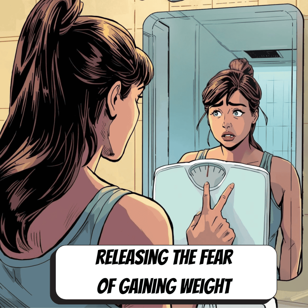 comic book image of a woman holding a scale in the mirror with a peace sign