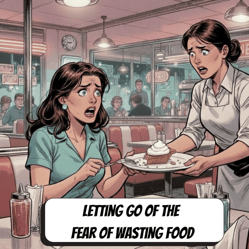 comic book woman afraid to let server take leftover food at a diner