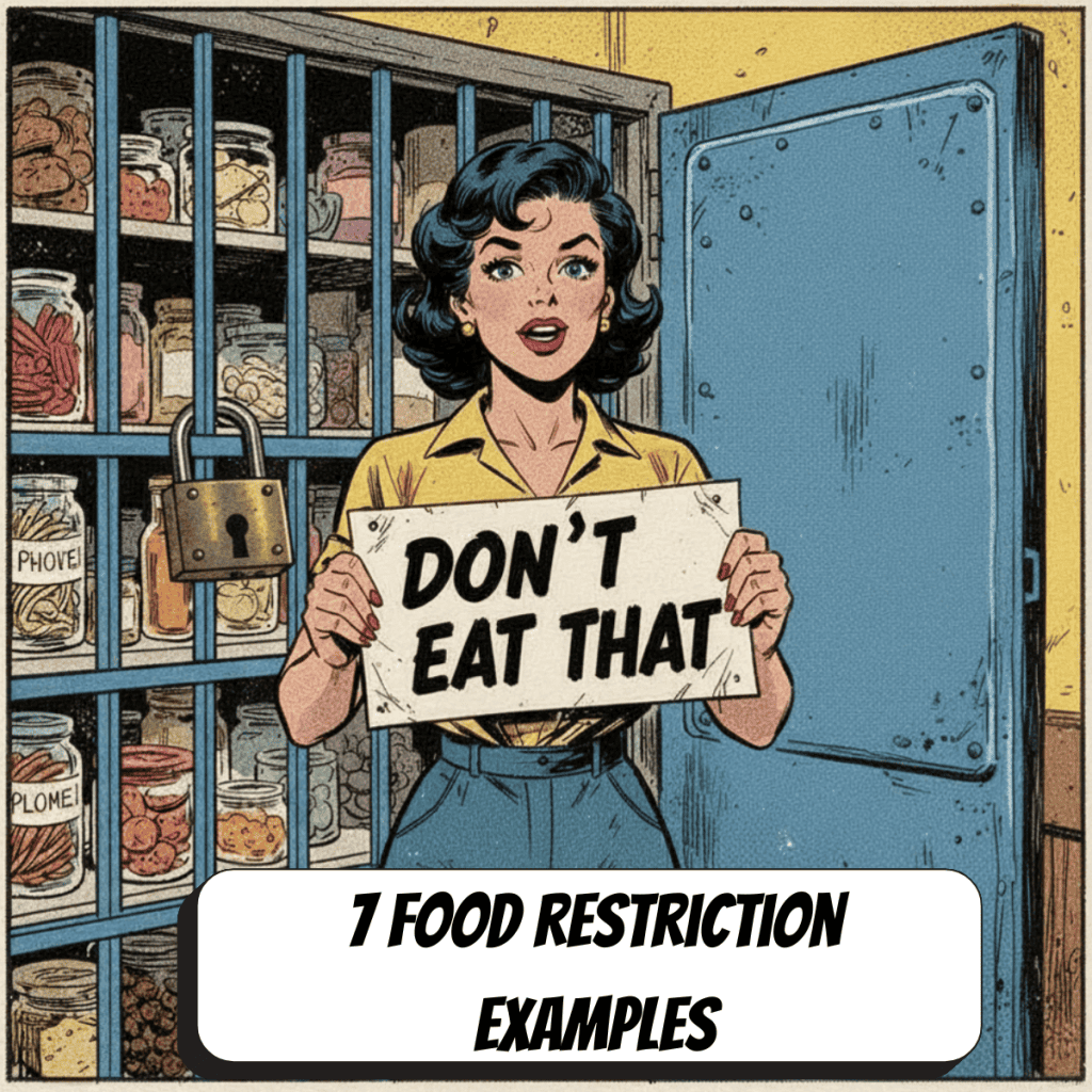 comic book image of a woman in front of a food pantry with bars on it holding a sign that says dont eat it