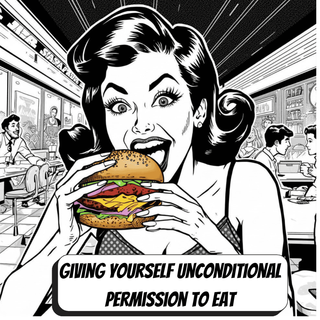 comic book woman in black and white eating a burger in color