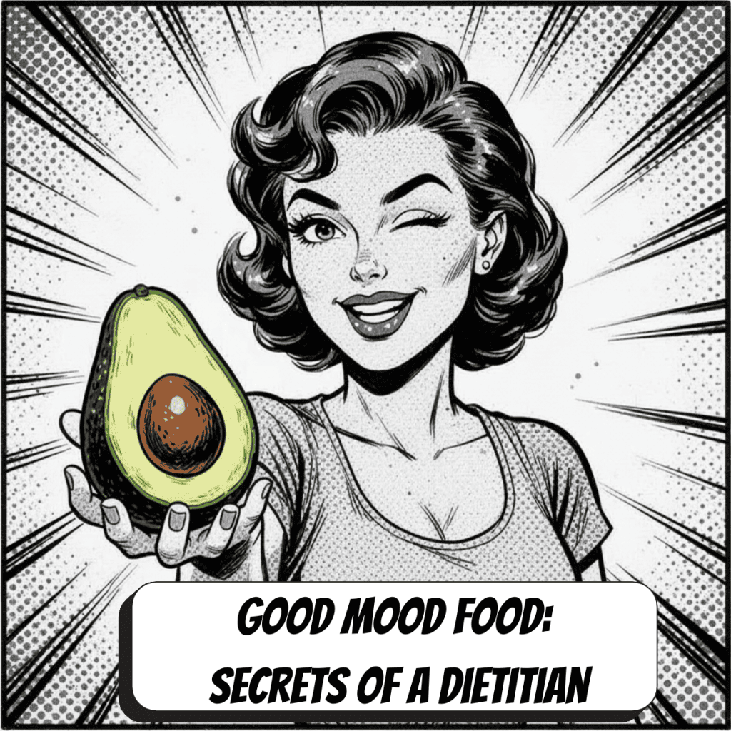 comic book image of a woman in black and white holding a green avocado