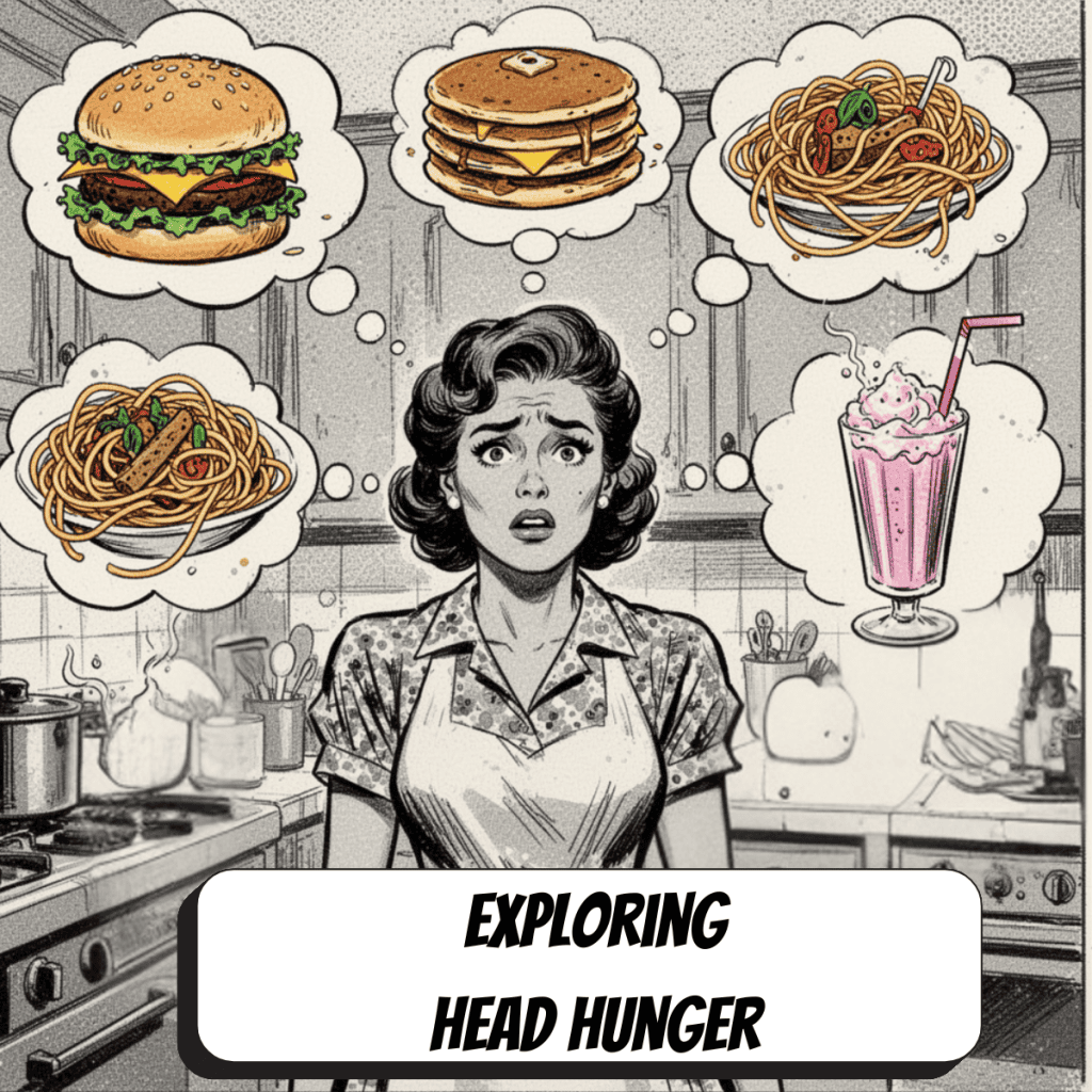 comic book image black and white of a woman with thoughts of food in color