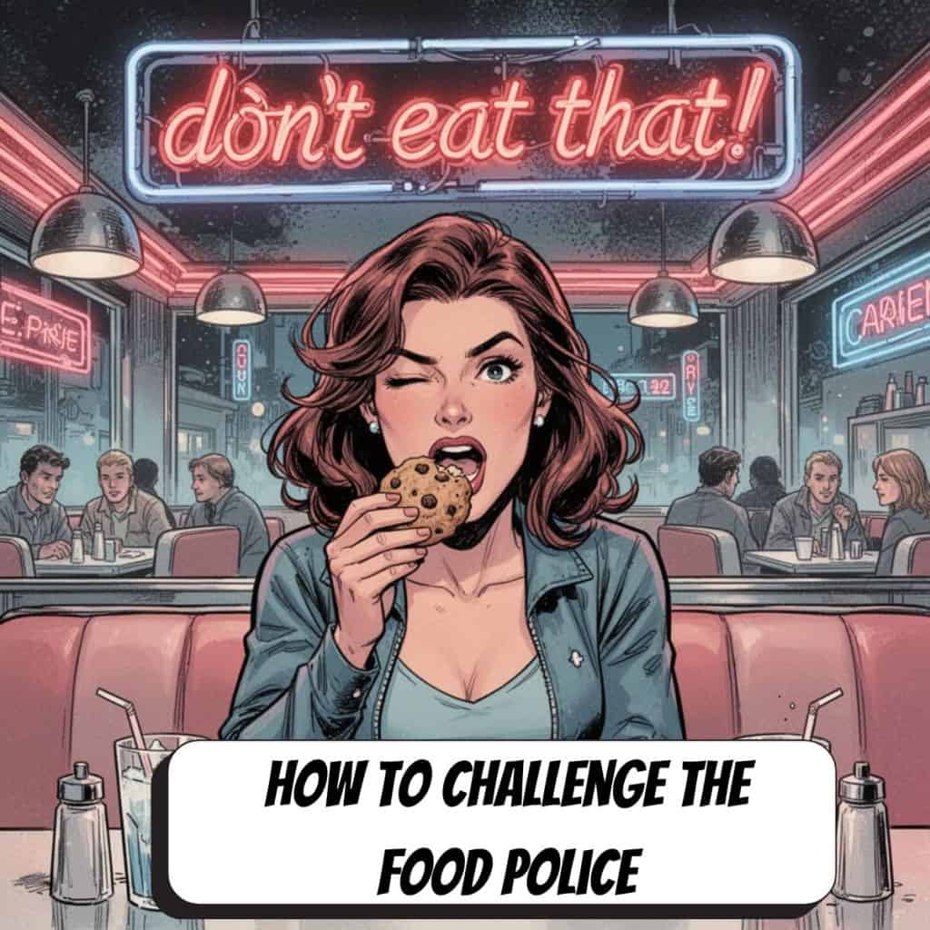 comic book woman at diner eating cookie with sign above her head that says dont eat that