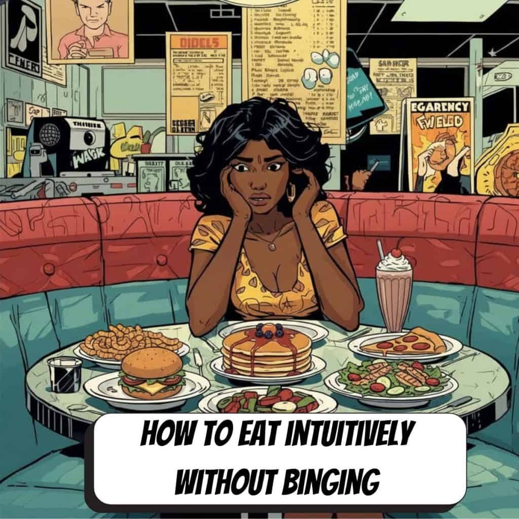 black comic book woman looking anxious at a diner with a lot of plates of food in front of her