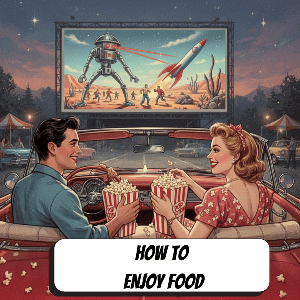 comic book image of a man and a woman at a drive in movie theater eating popcorn
