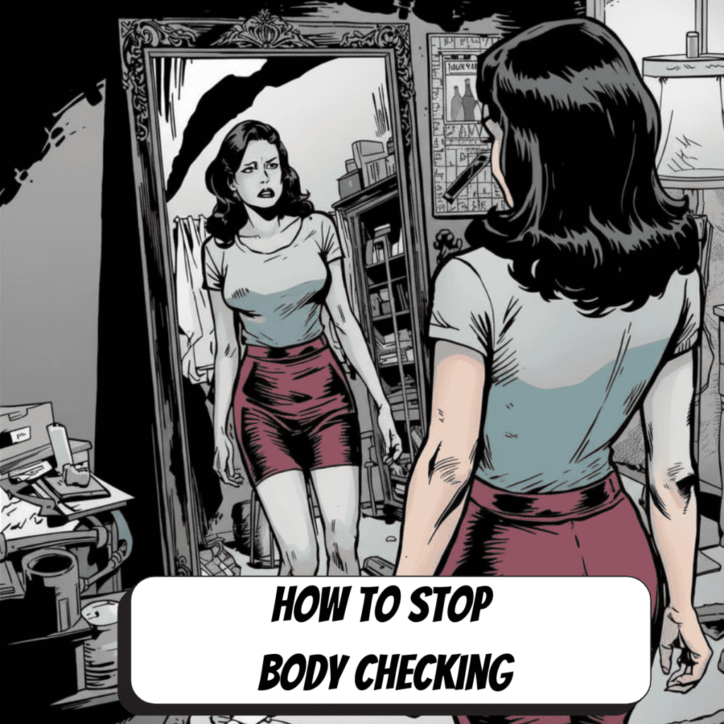 comic book woman body checking anxiously in the mirror