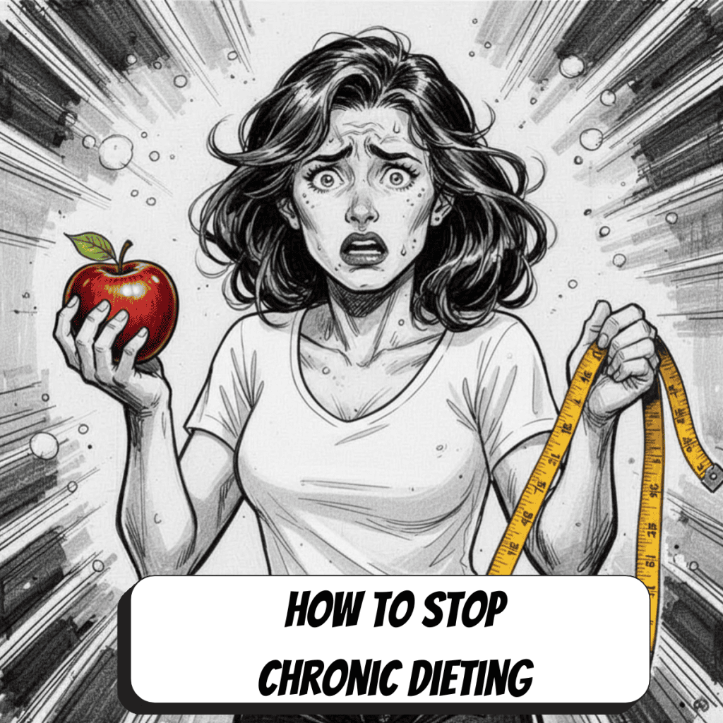 comic book woman in black and white image with a red apple and yellow tape measure