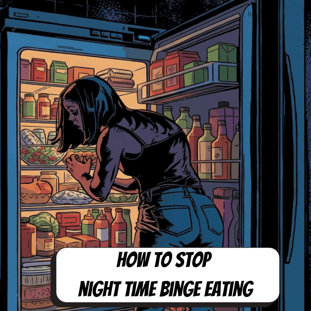 comic book woman looking in fridge for food in the dark
