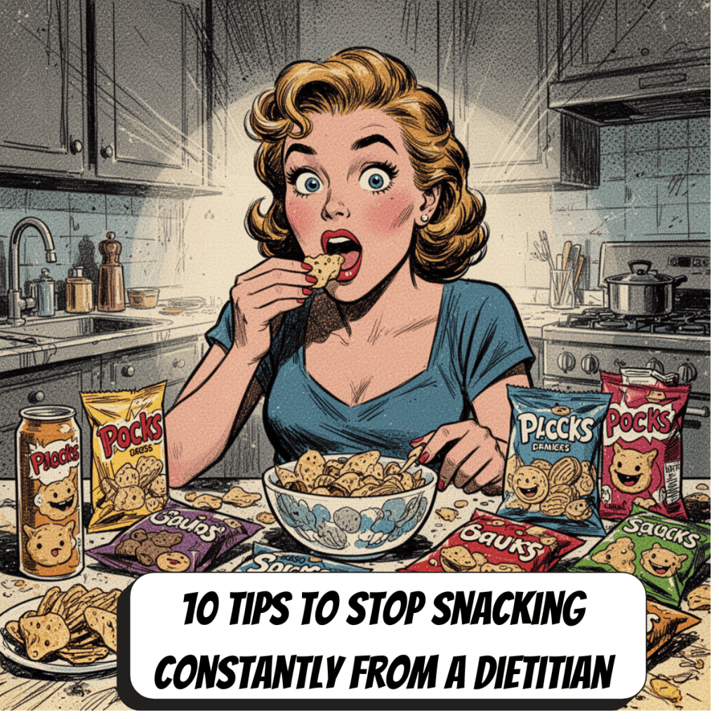 comic book woman with table full of snacks in the glow from a night light