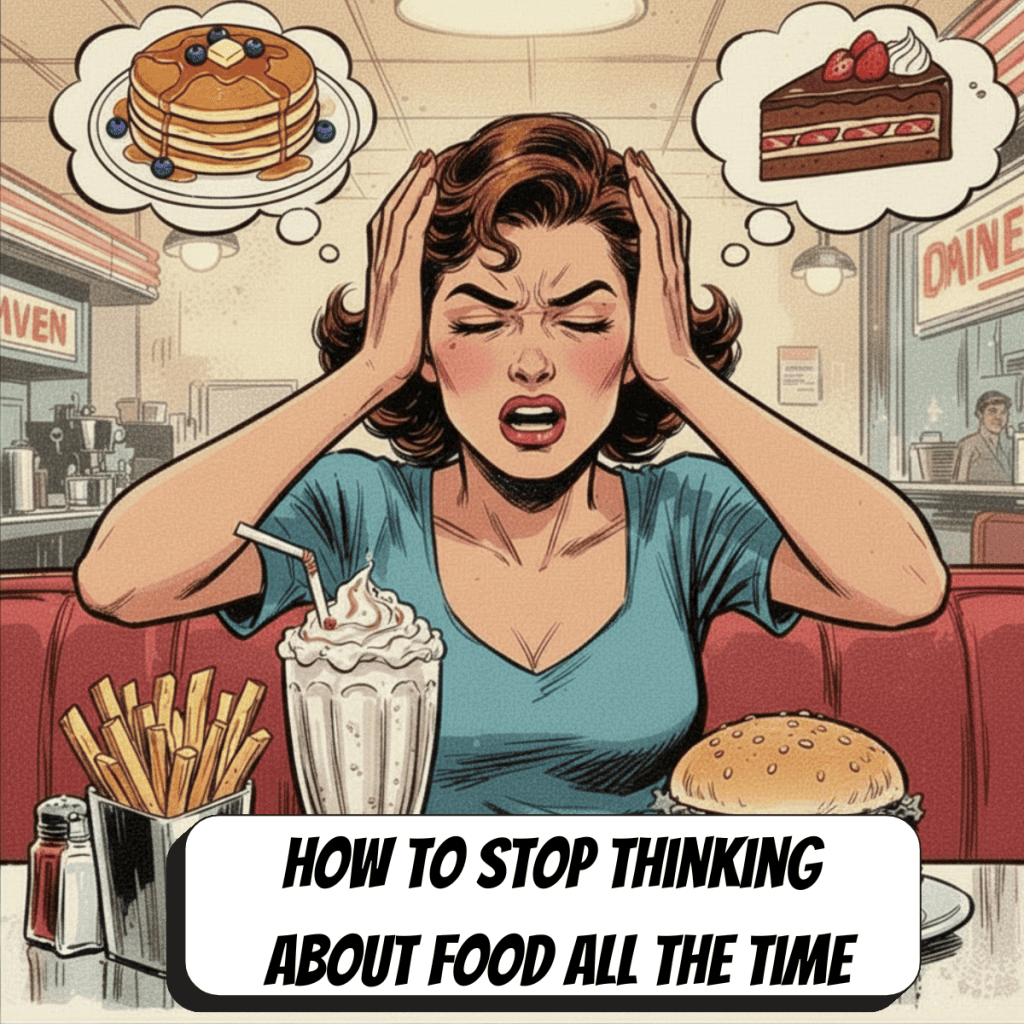 comic book image of a woman at a diner with thoughts of food in her head and food on the table