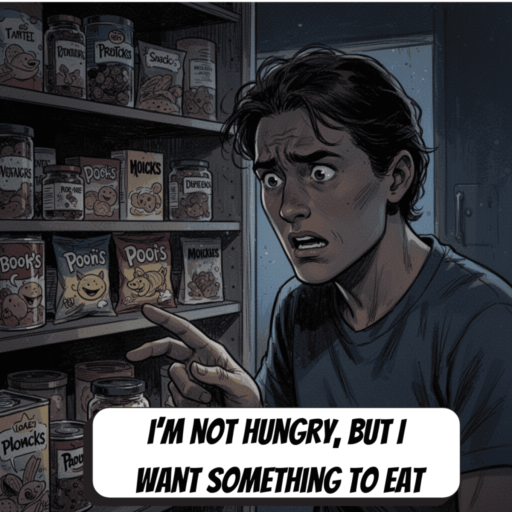 comic book man looking for something to eat anxiously in the pantry
