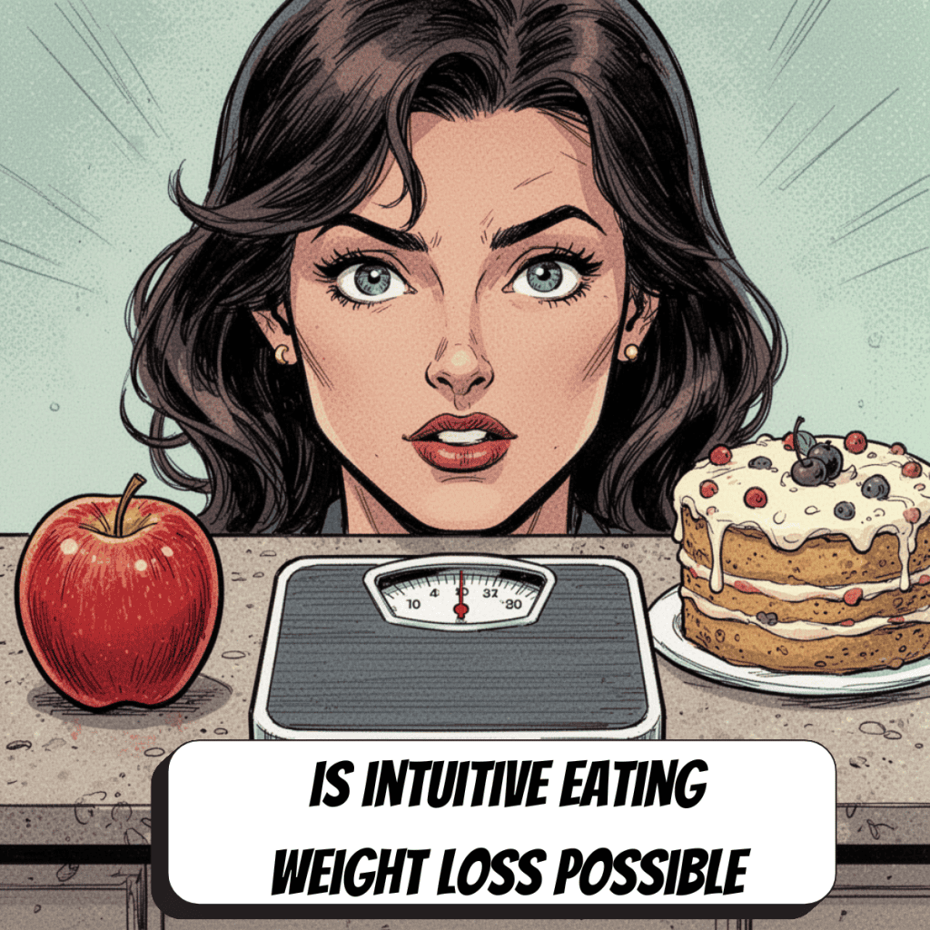 comic book image looking at an apple, a cake and a scale on a table