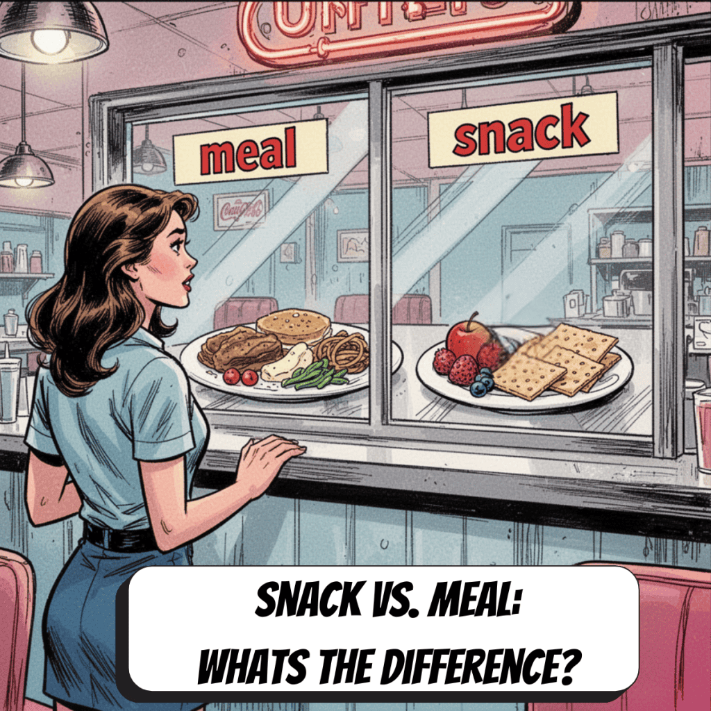 comic book woman looking at a food case with a snack and a meal in it