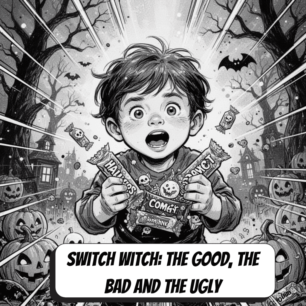 comic book image of a boy with candy on halloween