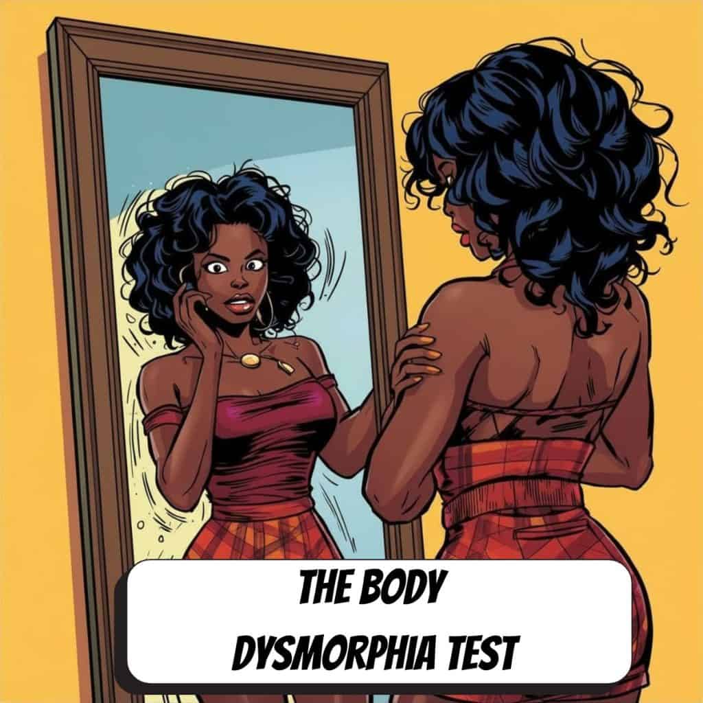 comic book image of a woman body checking in the mirror anxiously