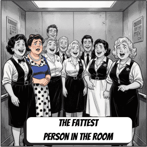comic book image of a group of people in the elevator one woman looks anxious and she is in color while others are in black and white