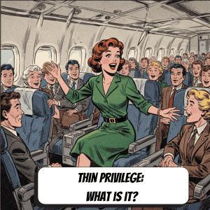 comic book woman easily fitting onto an airplane seat