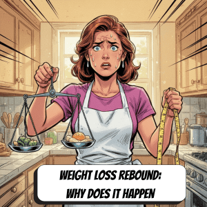 comic book woman holding food scale in one hand and tape measure in the other looking anxious