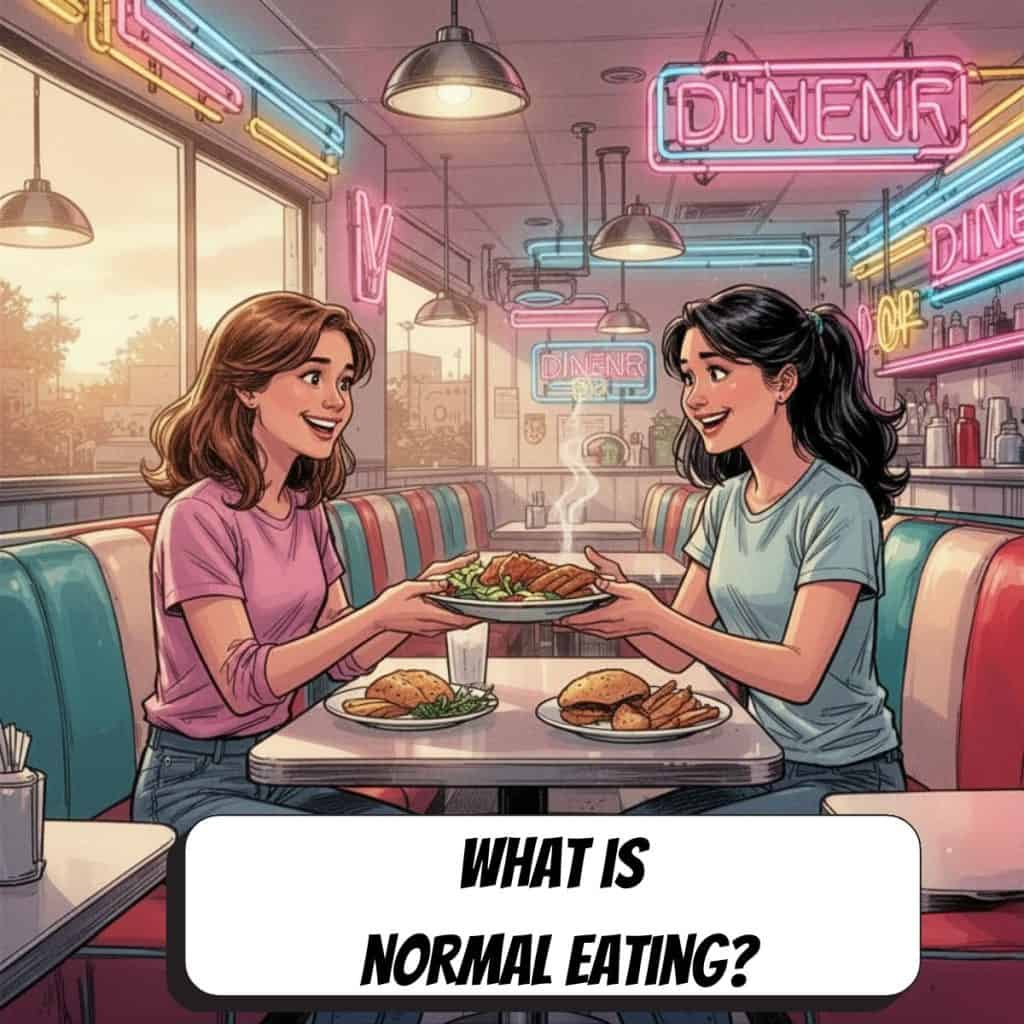 comic book image of two women at diner sharing food