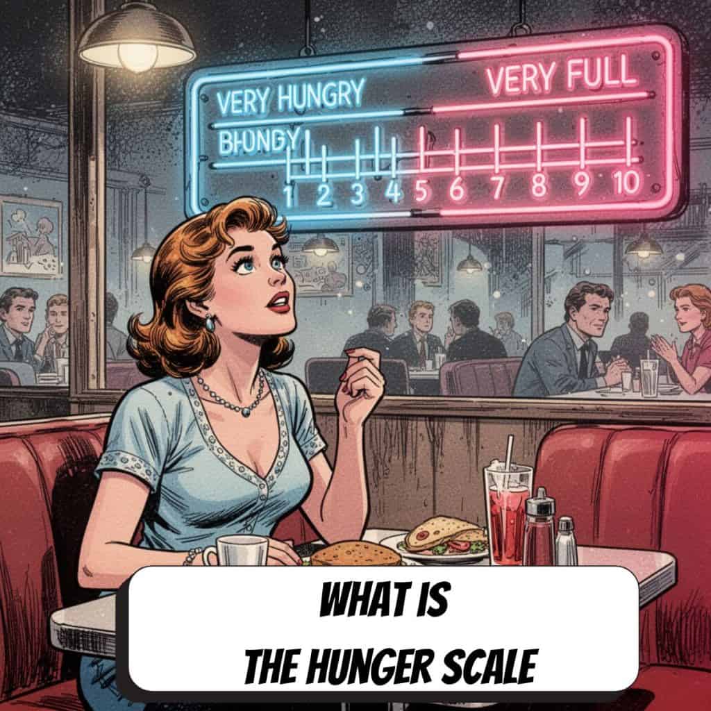 comic book woman in a diner with food on the table looking at neon sign that says hunger scale 1-10