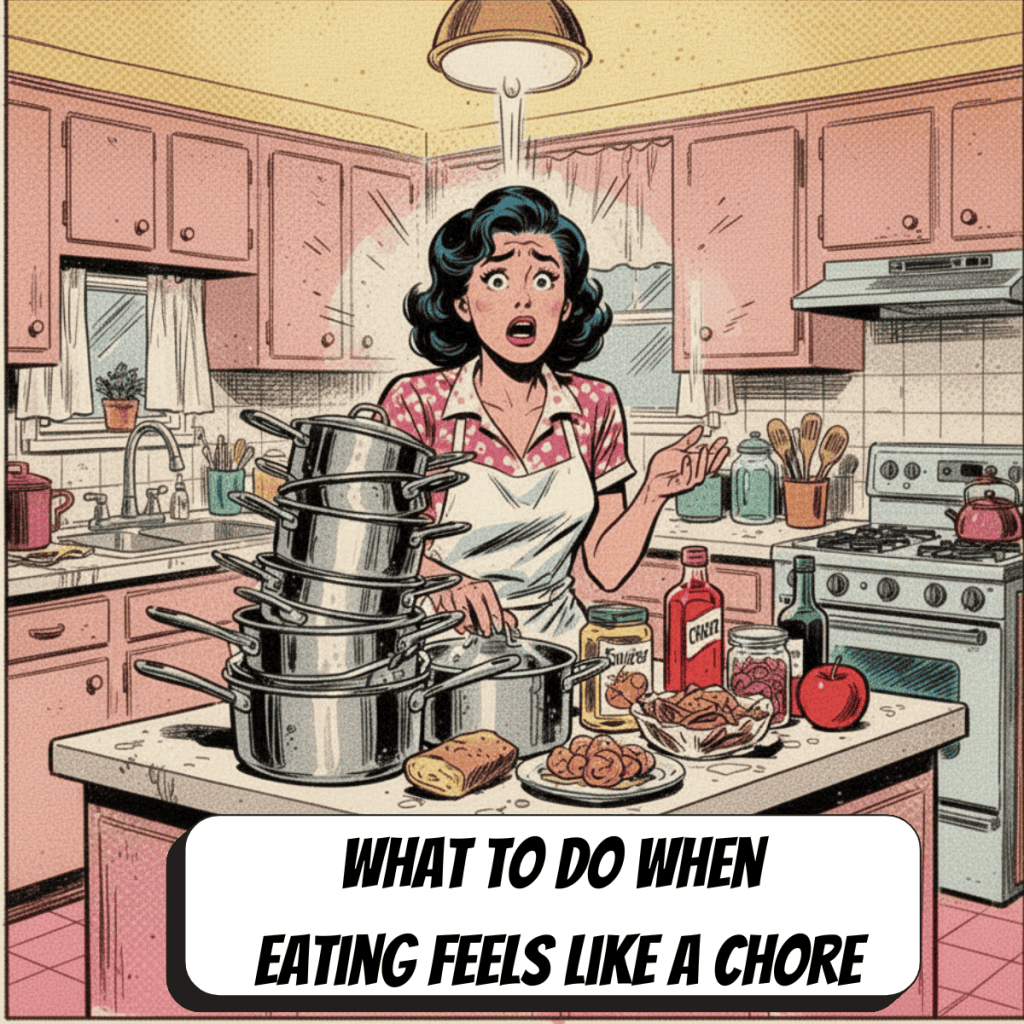 comic book woman with a chaotic kitchen trying to prepare food