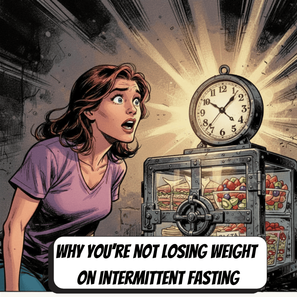 comic book woman looking at a clock with a timer above a locked box of food