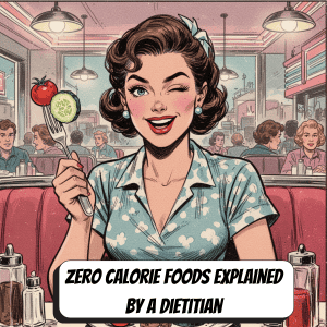 comic book woman holding up zero calorie foods on a fork tomato and cucumber
